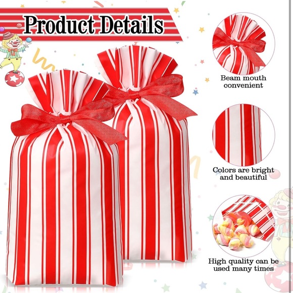 50 Red and White Striped Party Favor Bags Plastic with Drawstring - Picture 2 of 4